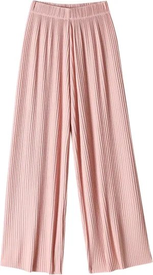 Womens Summer Ice Silk Pants Elastic High Waist Straight Wide Leg Palazzo Pants Casual Loose Pleated Mopping Trousers