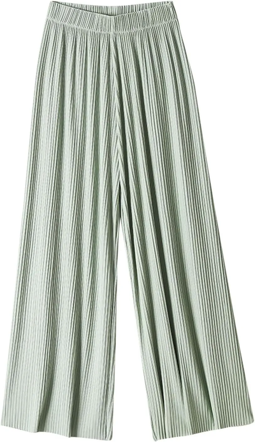 Womens Summer Ice Silk Pants Elastic High Waist Straight Wide Leg Palazzo Pants Casual Loose Pleated Mopping Trousers