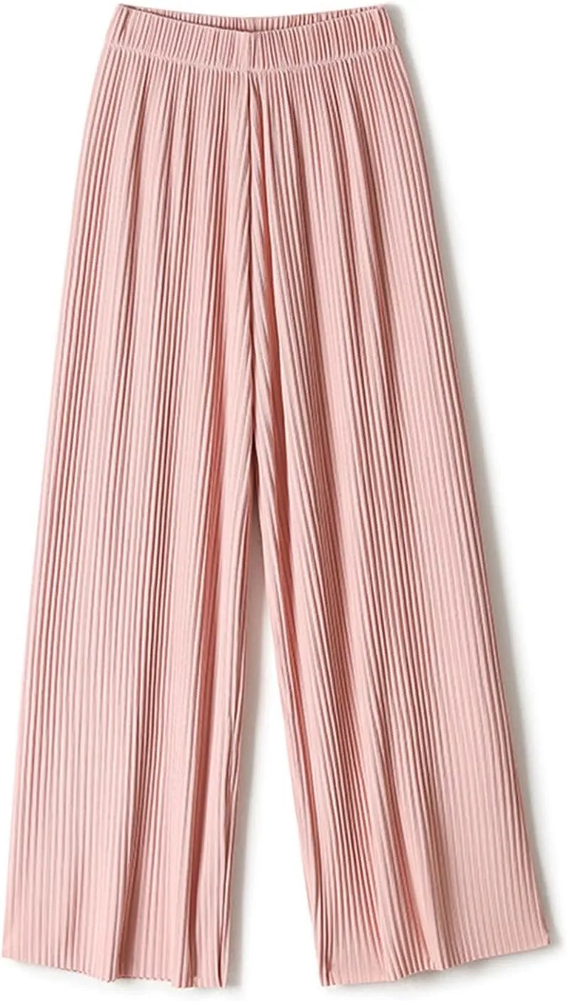 Womens Summer Ice Silk Pants Elastic High Waist Straight Wide Leg Palazzo Pants Casual Loose Pleated Mopping Trousers
