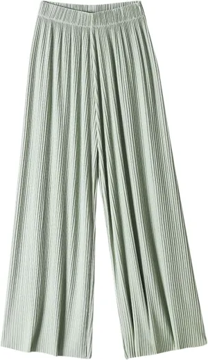 Womens Summer Ice Silk Pants Elastic High Waist Straight Wide Leg Palazzo Pants Casual Loose Pleated Mopping Trousers
