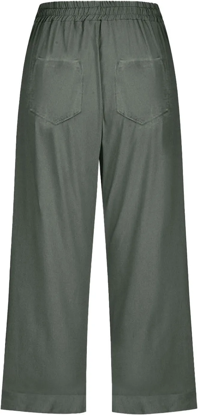 Womens Summer Linen Capri Pants 3/4 Length Flowy High Waisted Stretch Trouser Cotton Linen Athletic Casual Sweatpants