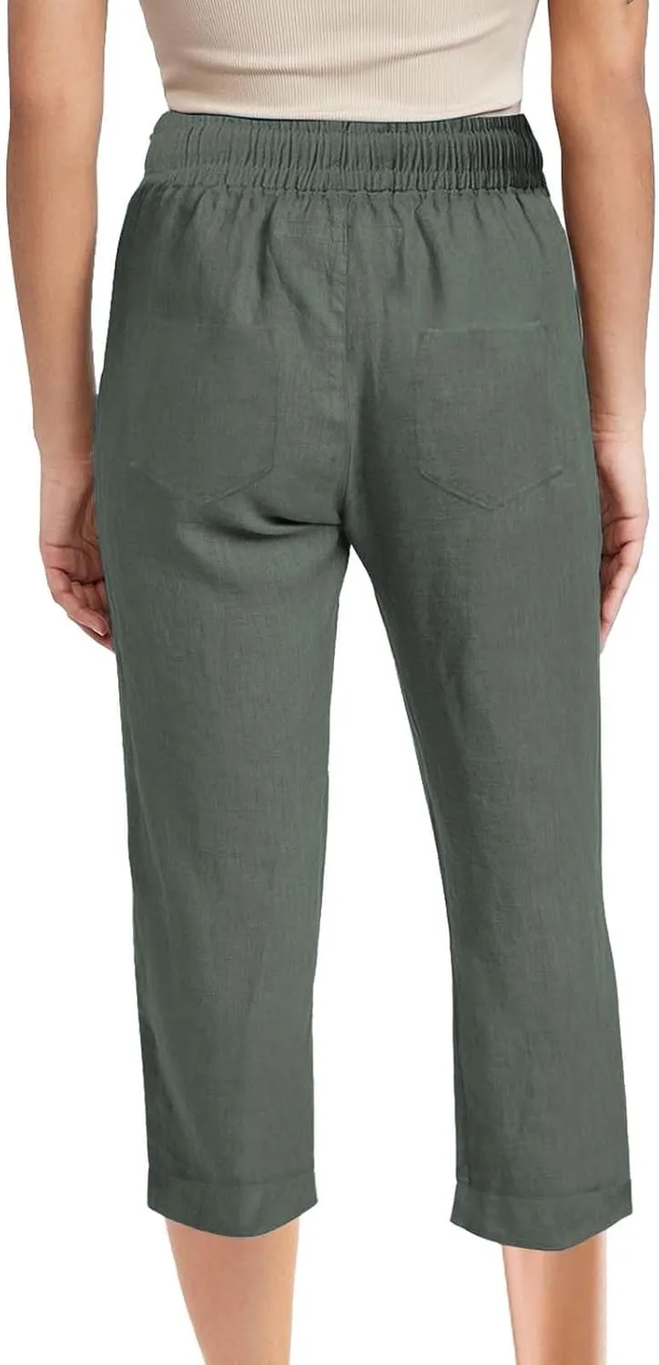Womens Summer Linen Capri Pants 3/4 Length Flowy High Waisted Stretch Trouser Cotton Linen Athletic Casual Sweatpants
