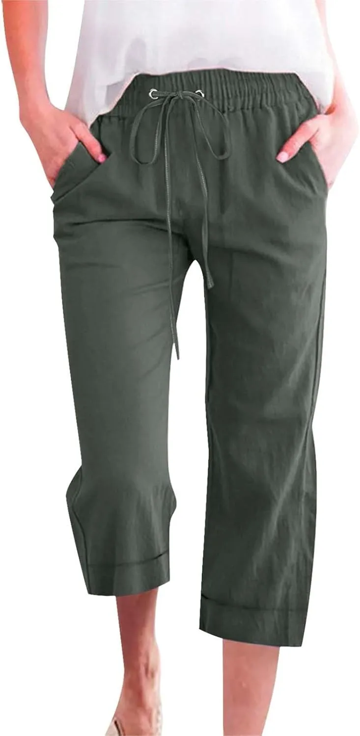 Womens Summer Linen Capri Pants 3/4 Length Flowy High Waisted Stretch Trouser Cotton Linen Athletic Casual Sweatpants