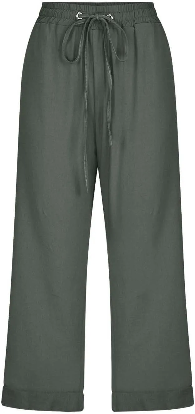 Womens Summer Linen Capri Pants 3/4 Length Flowy High Waisted Stretch Trouser Cotton Linen Athletic Casual Sweatpants