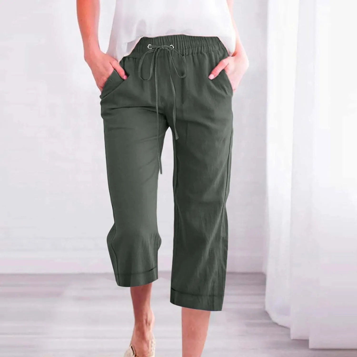 Womens Summer Linen Capri Pants 3/4 Length Flowy High Waisted Stretch Trouser Cotton Linen Athletic Casual Sweatpants