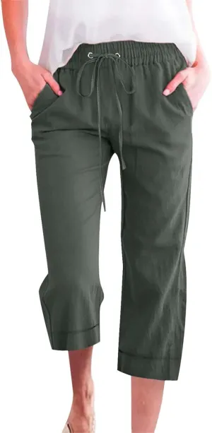 Womens Summer Linen Capri Pants 3/4 Length Flowy High Waisted Stretch Trouser Cotton Linen Athletic Casual Sweatpants