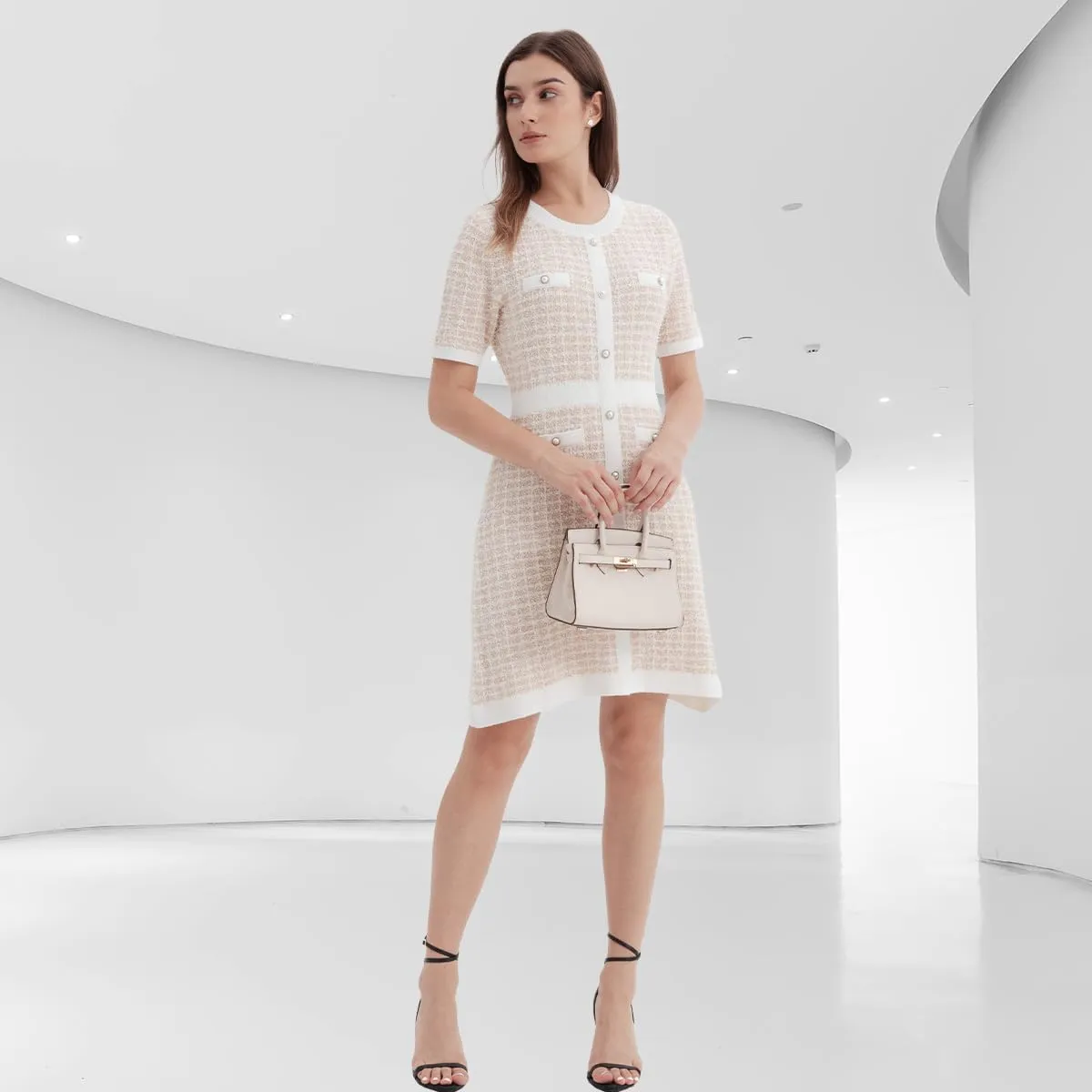 Women's Sweater Dress Knit Tweed Dress Short Sleeve Pearl Button Mini Dresses Trendy for Fall Spring Summer