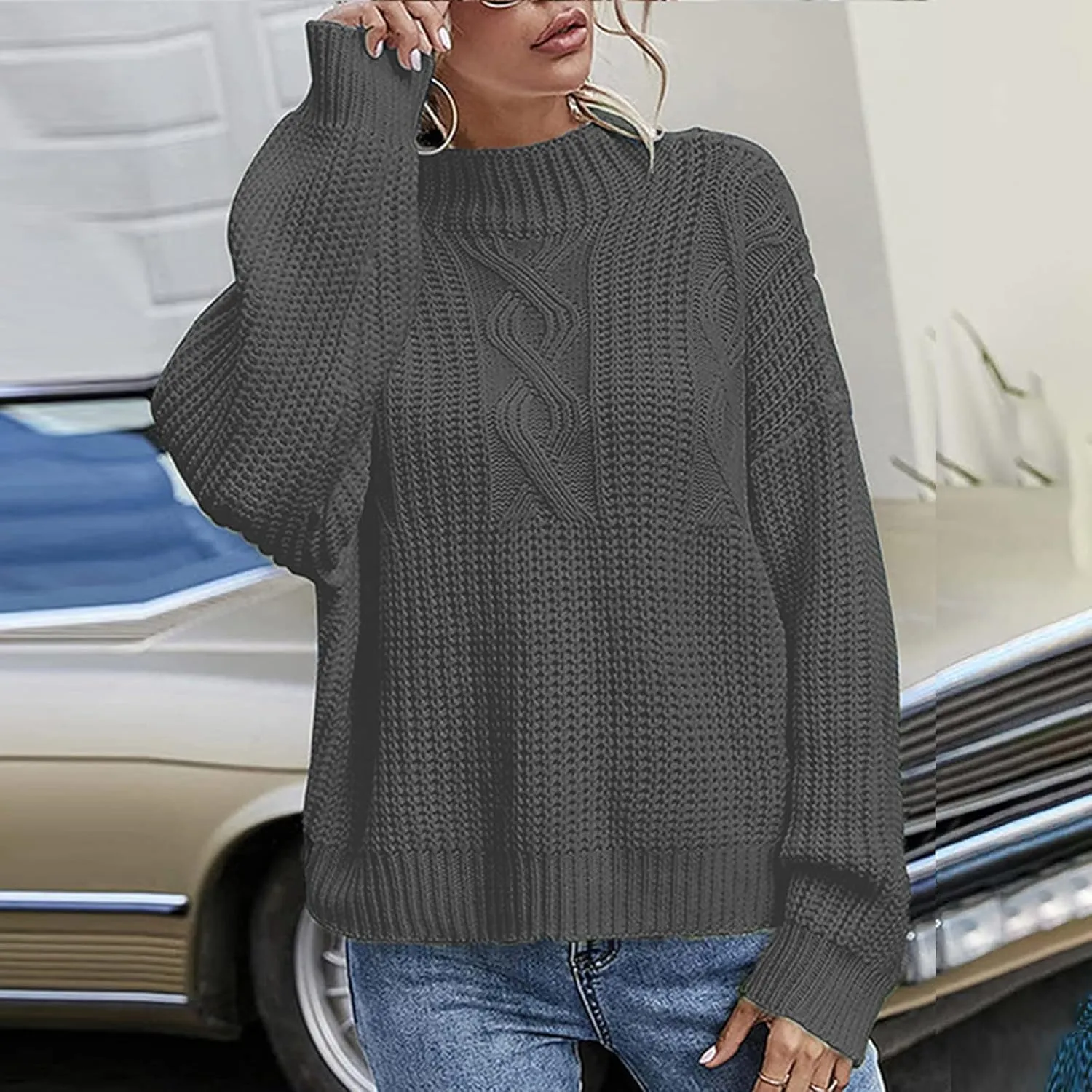 Womens Sweaters Crewneck Long Sleeve Jumper Tops Cozy Chunky Cable Knit Sweaters Slouchy Oversized Pullover Sweaters