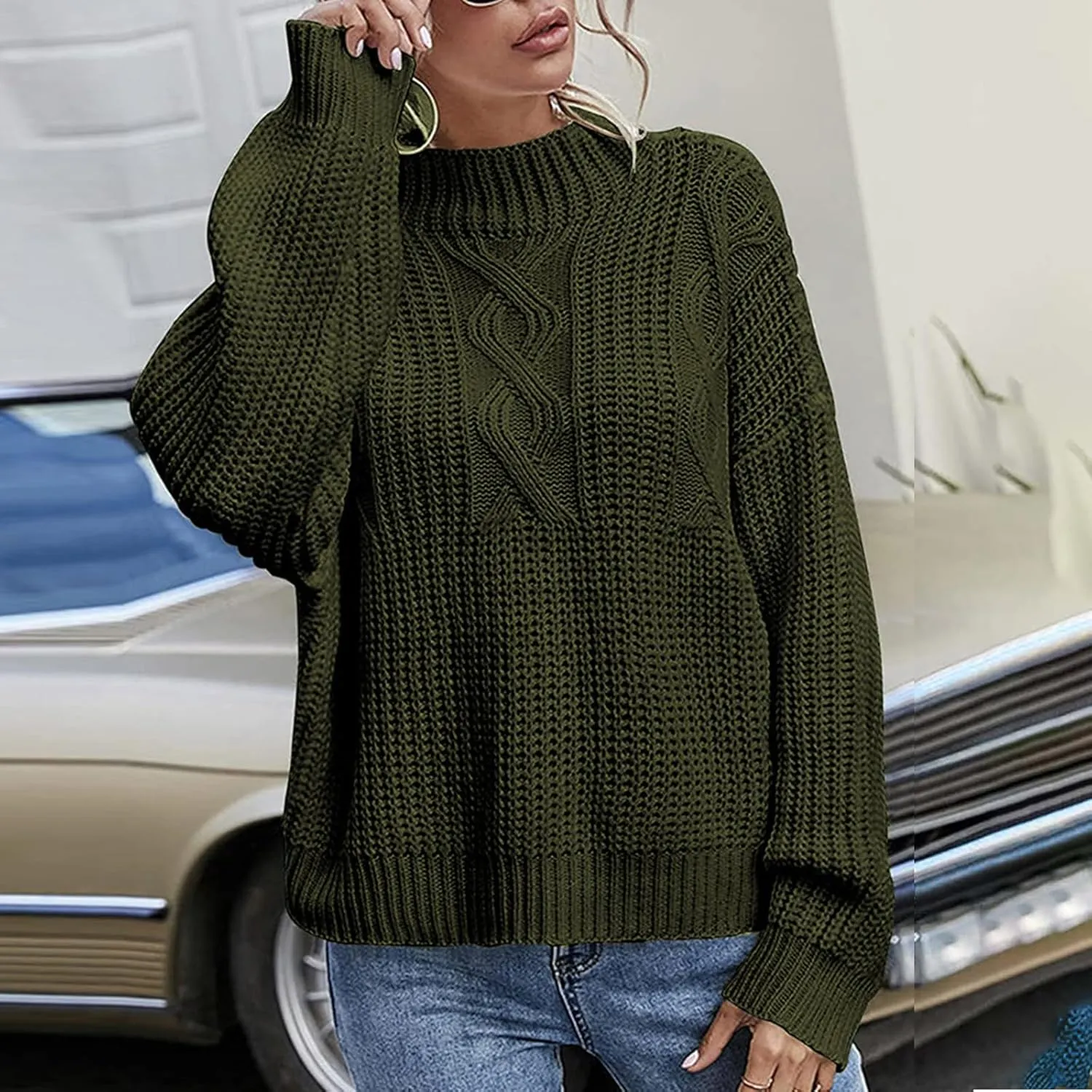 Womens Sweaters Crewneck Long Sleeve Jumper Tops Cozy Chunky Cable Knit Sweaters Slouchy Oversized Pullover Sweaters