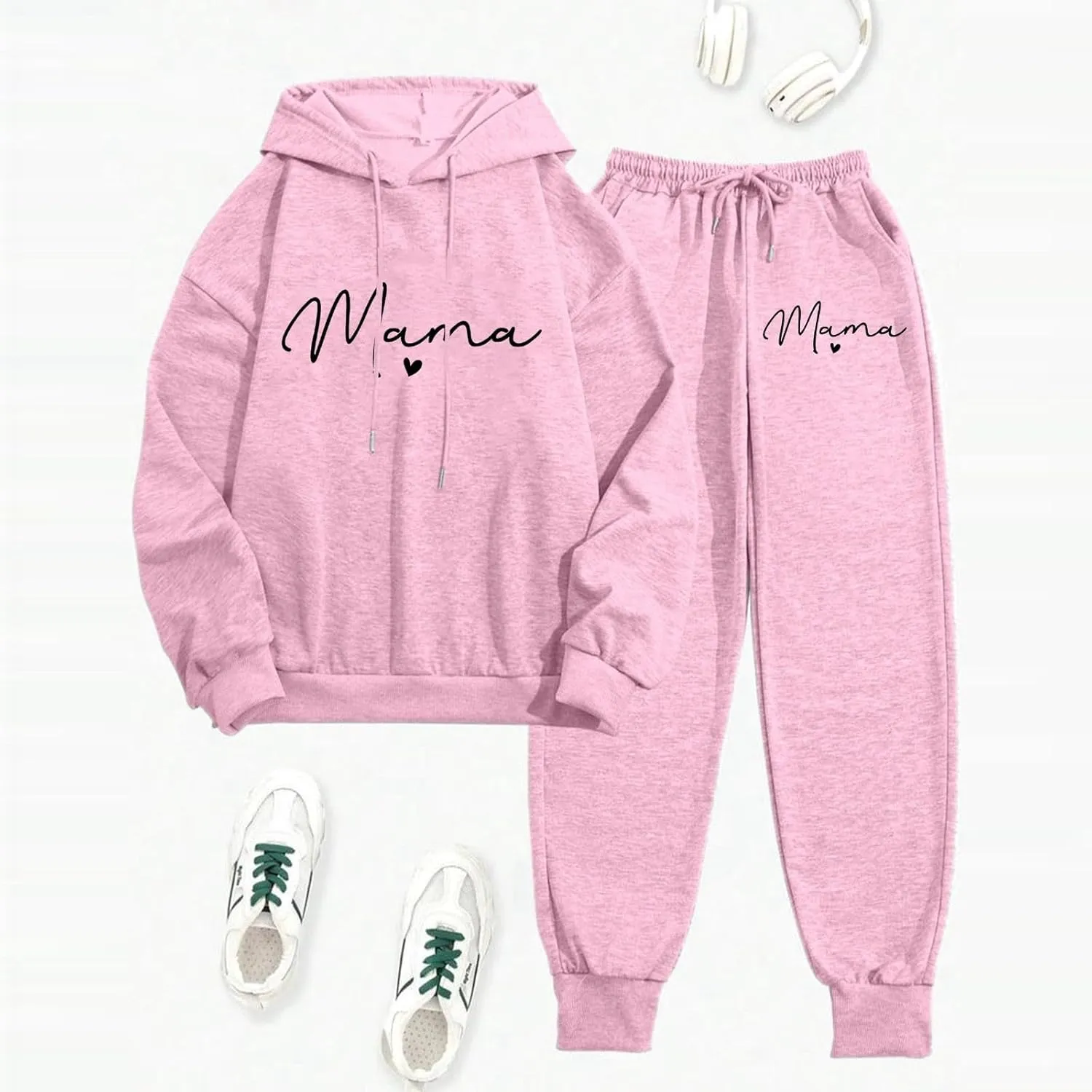 Womens Sweatsuits 2 Piece Lounge Set Mama Heart Print Hooded Sweatshirt Jogger Sweatpants Tracksuit with Pockets