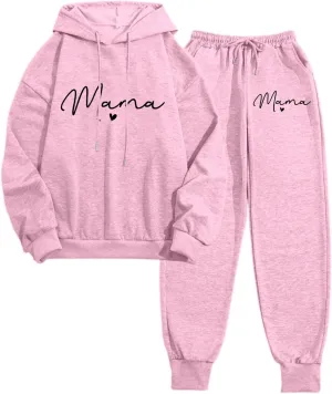 Womens Sweatsuits 2 Piece Lounge Set Mama Heart Print Hooded Sweatshirt Jogger Sweatpants Tracksuit with Pockets