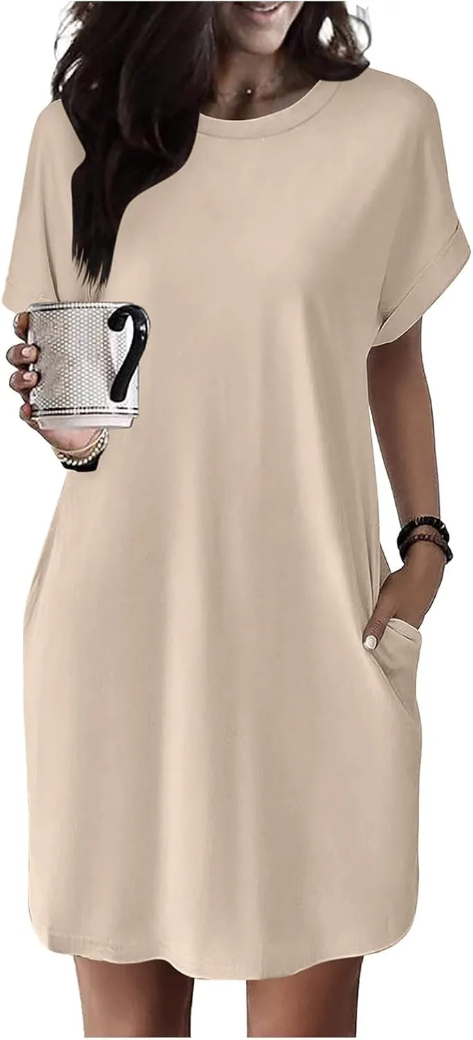 Womens T Shirt Dress Casual Cotton Short Sleeve Crewneck Tunic Midi Dress with Pockets Summer Holiday Sundresses for Women