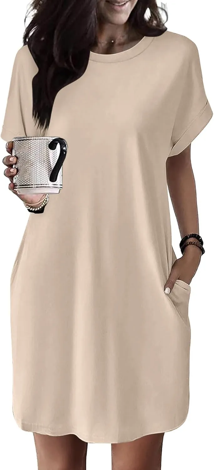 Womens T Shirt Dress Casual Cotton Short Sleeve Crewneck Tunic Midi Dress with Pockets Summer Holiday Sundresses for Women