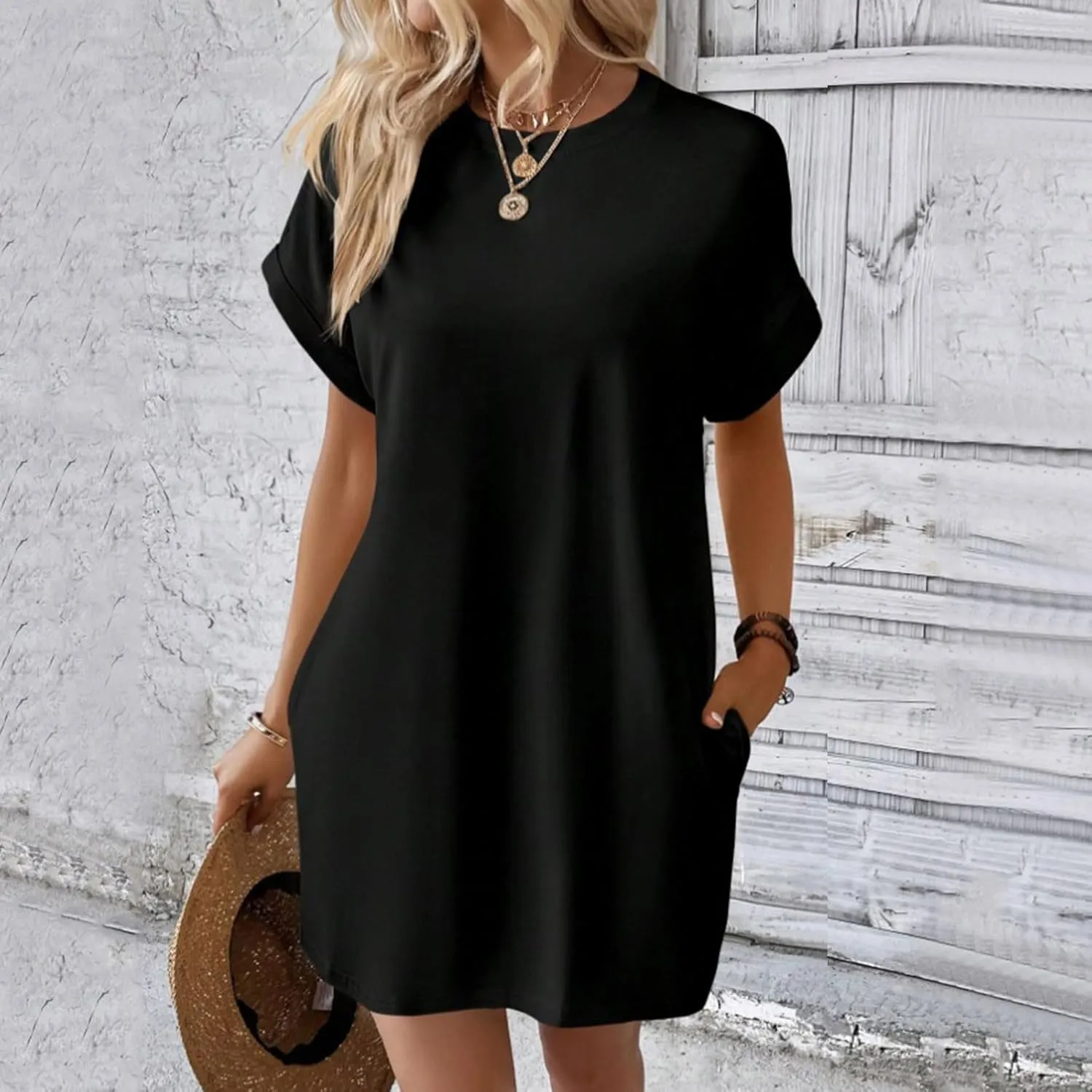 Womens T Shirt Dress Casual Cotton Short Sleeve Crewneck Tunic Midi Dress with Pockets Summer Holiday Sundresses for Women