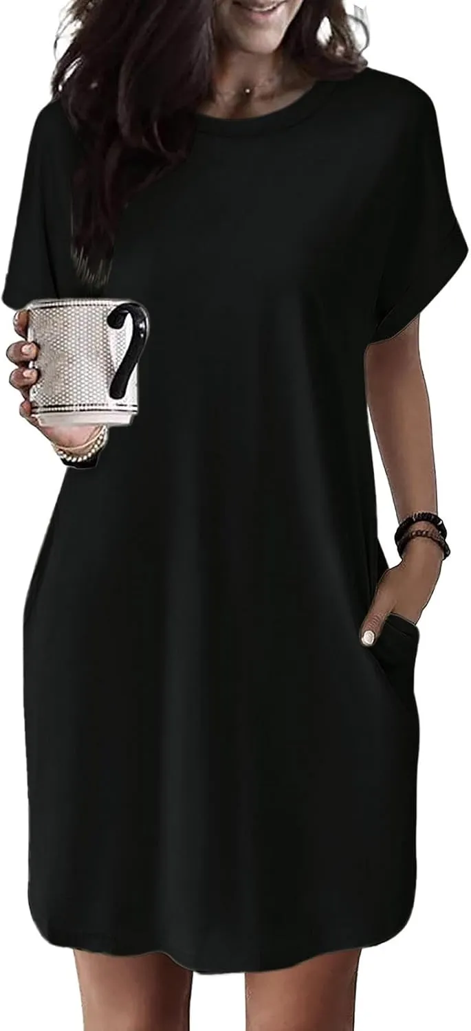 Womens T Shirt Dress Casual Cotton Short Sleeve Crewneck Tunic Midi Dress with Pockets Summer Holiday Sundresses for Women