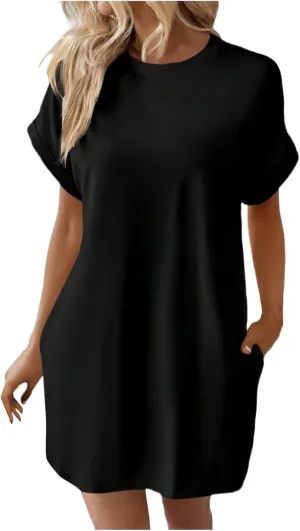 Womens T Shirt Dress Casual Cotton Short Sleeve Crewneck Tunic Midi Dress with Pockets Summer Holiday Sundresses for Women