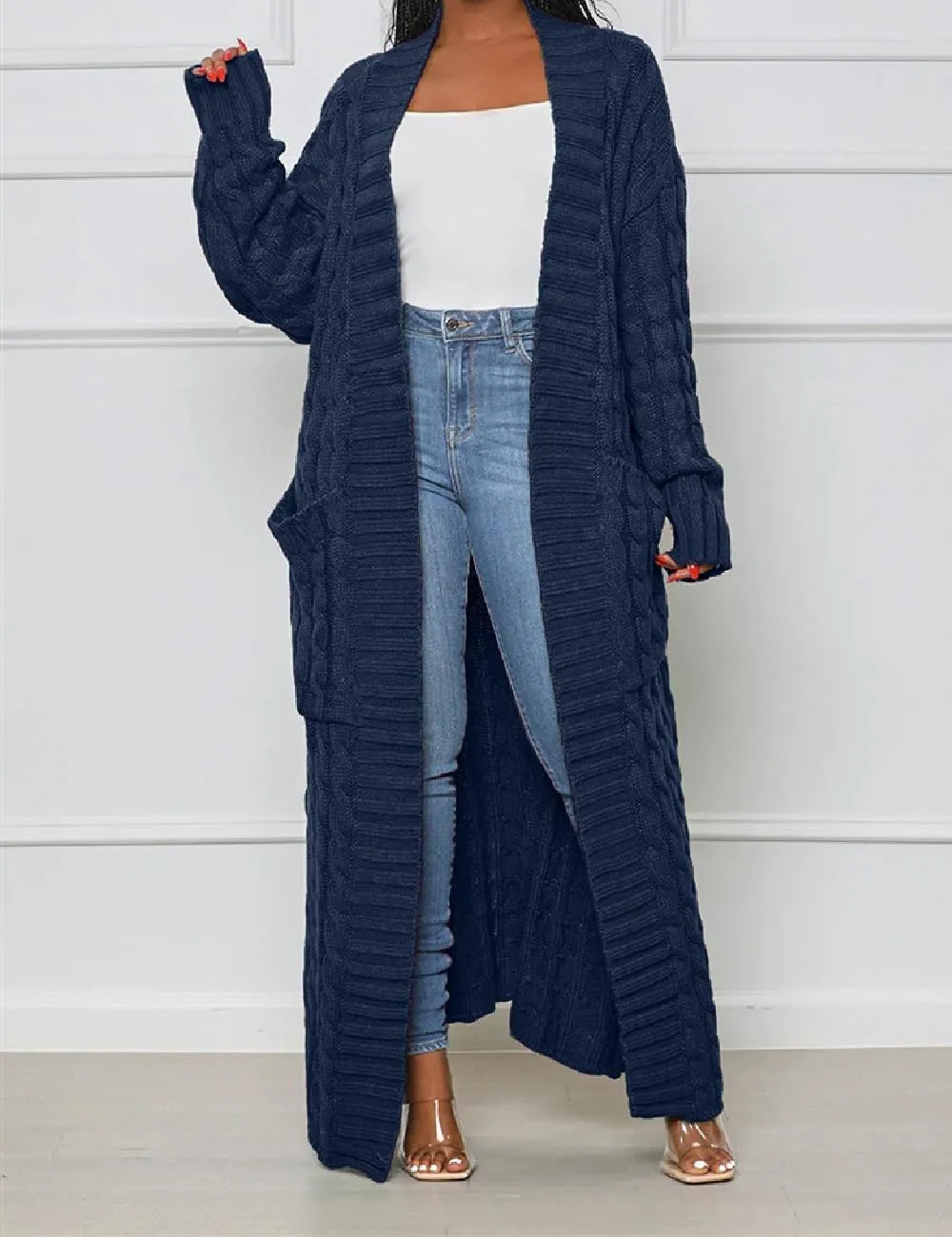 Womens Thin Stylish Cable Knit Dual Extra Long Maxi Cardigan with 2-Pockets