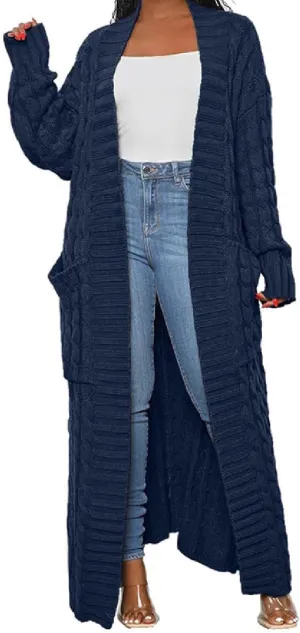 Womens Thin Stylish Cable Knit Dual Extra Long Maxi Cardigan with 2-Pockets