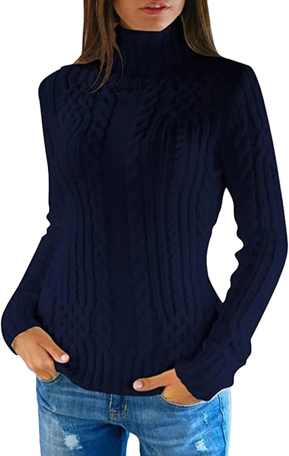 Womens Turtleneck Long Sleeve Sweaters 2024 Trendy Casual Pullover Tops Cable Ribbed Knit Sweater Fall Outfits