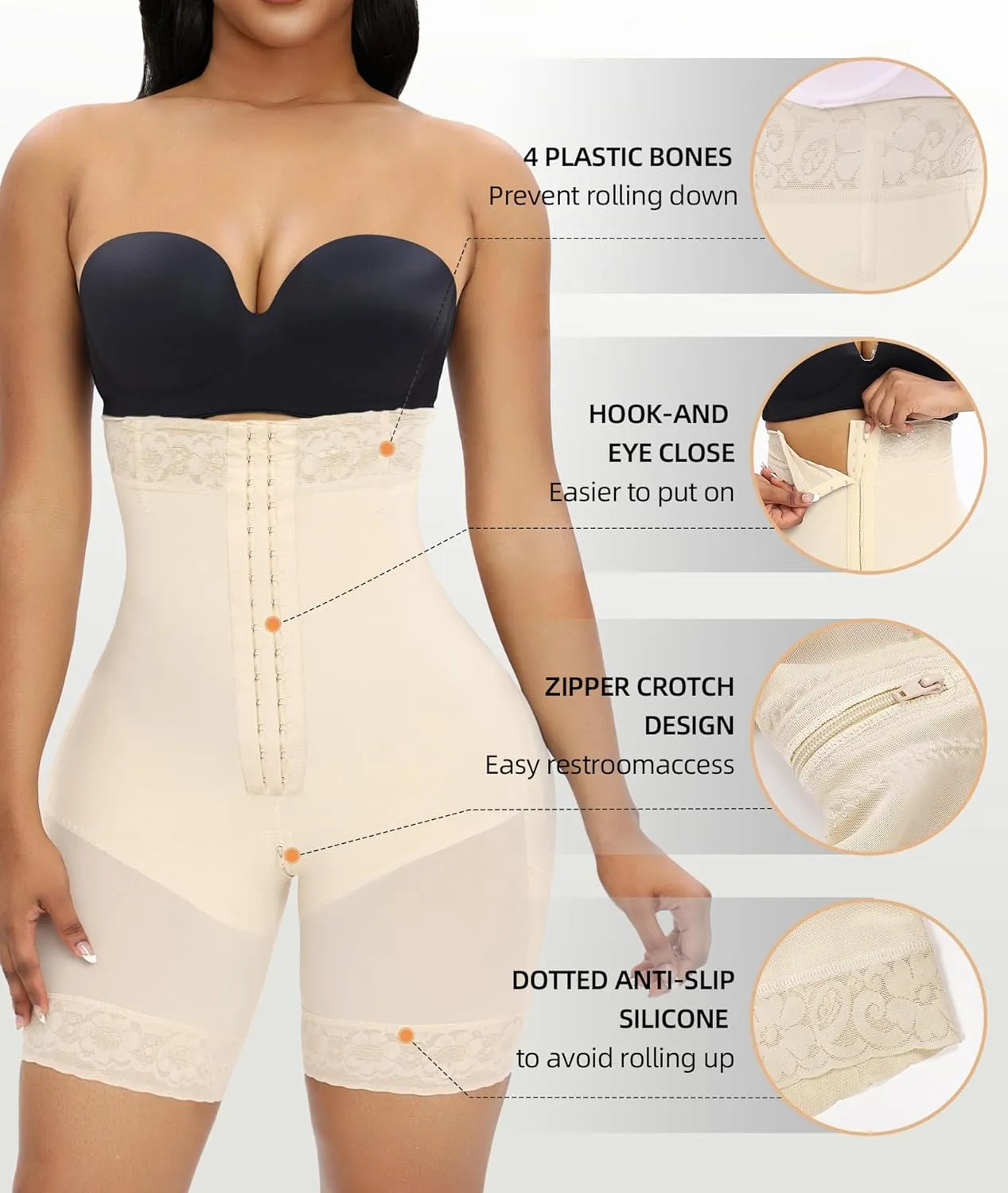 YIANNA Tummy Control Shapewear for Women Strapless Fajas Colombianas Body Shaper Shorts Butt Lifter with Zipper Crotch