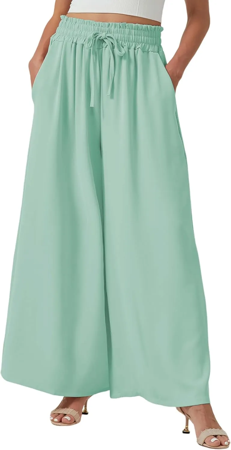 YLDUJ AMUM Womens Wide Leg Pants Summer Beach Breathable Pants Loose Flowy Palazzo Lounge Trousers with Pockets