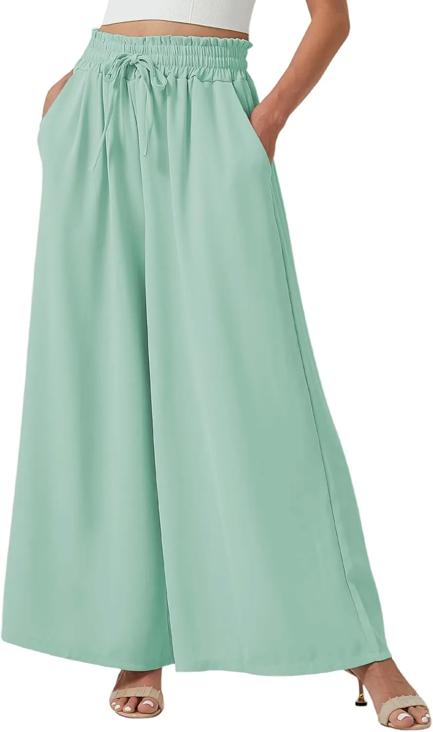 YLDUJ AMUM Womens Wide Leg Pants Summer Beach Breathable Pants Loose Flowy Palazzo Lounge Trousers with Pockets