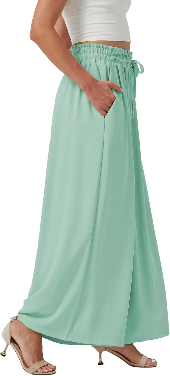 YLDUJ AMUM Womens Wide Leg Pants Summer Beach Breathable Pants Loose Flowy Palazzo Lounge Trousers with Pockets