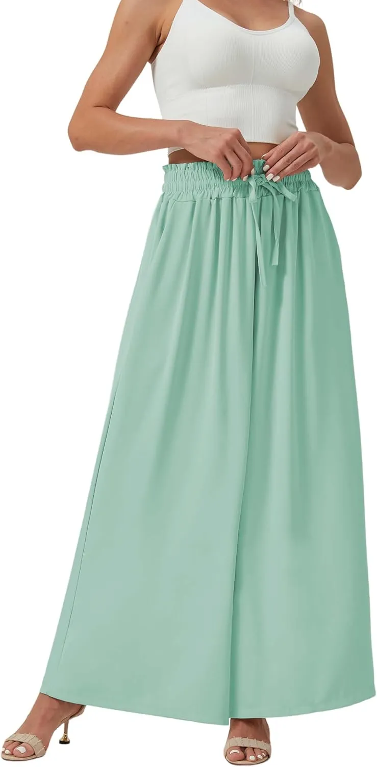 YLDUJ AMUM Womens Wide Leg Pants Summer Beach Breathable Pants Loose Flowy Palazzo Lounge Trousers with Pockets