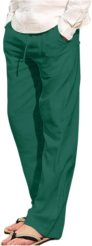 Zeiyignr Mens Cotton Linen Pants Summer Casual Loose Beach Pants Solid Elastic Waist Drawstring Baggy Trousers with Pockets