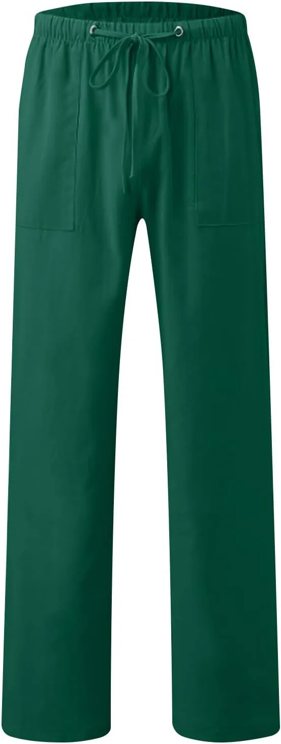 Zeiyignr Mens Cotton Linen Pants Summer Casual Loose Beach Pants Solid Elastic Waist Drawstring Baggy Trousers with Pockets