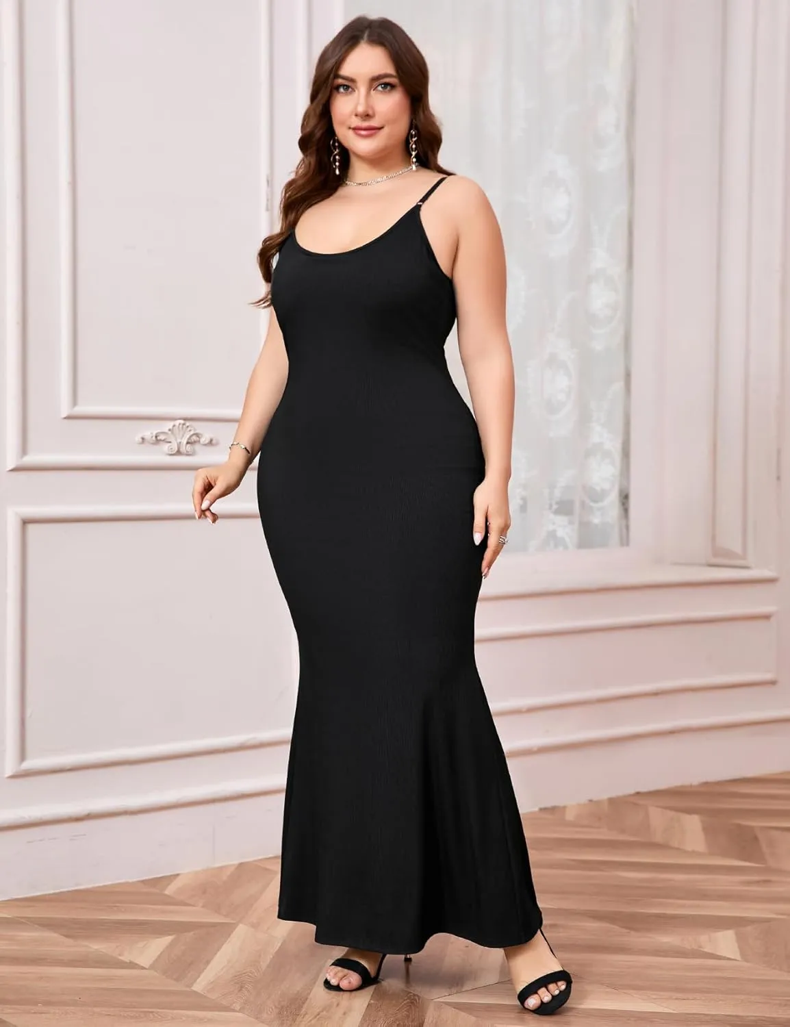 ZOMVA Plus Size 1X-4X Women's Built-in Shapewear Slip Maxi Dress Adjustable Straps Bodycon Long Dress Cocktail Party