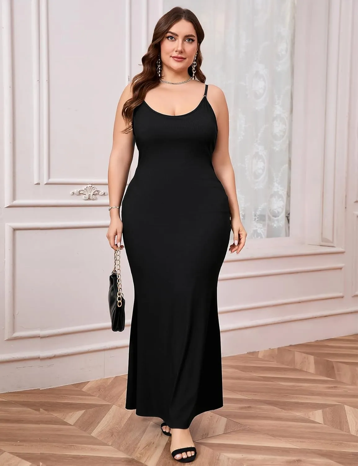 ZOMVA Plus Size 1X-4X Women's Built-in Shapewear Slip Maxi Dress Adjustable Straps Bodycon Long Dress Cocktail Party