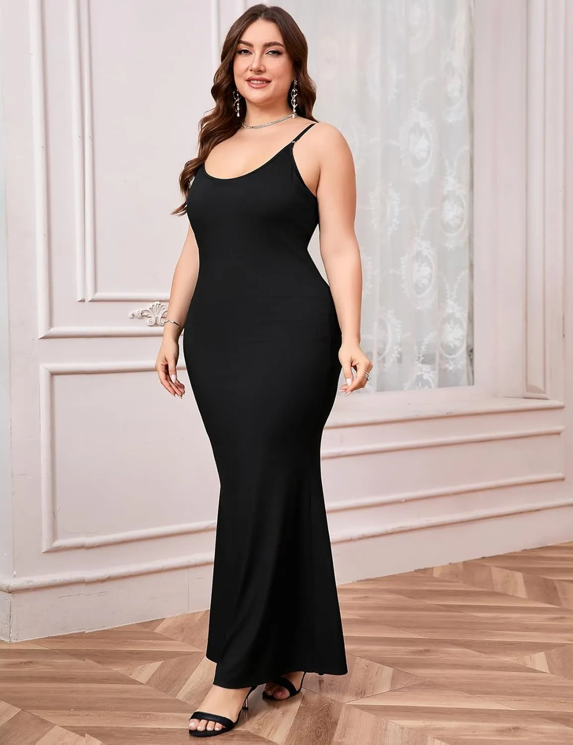 ZOMVA Plus Size 1X-4X Women's Built-in Shapewear Slip Maxi Dress Adjustable Straps Bodycon Long Dress Cocktail Party