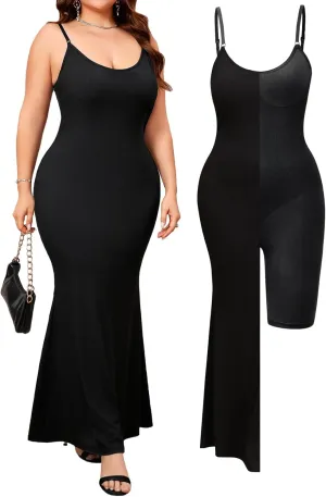 ZOMVA Plus Size 1X-4X Women's Built-in Shapewear Slip Maxi Dress Adjustable Straps Bodycon Long Dress Cocktail Party